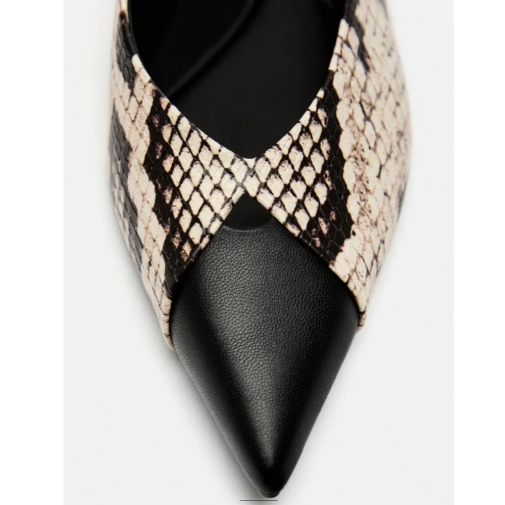 Zara Black & Snake Print Pointed Slingback Flats